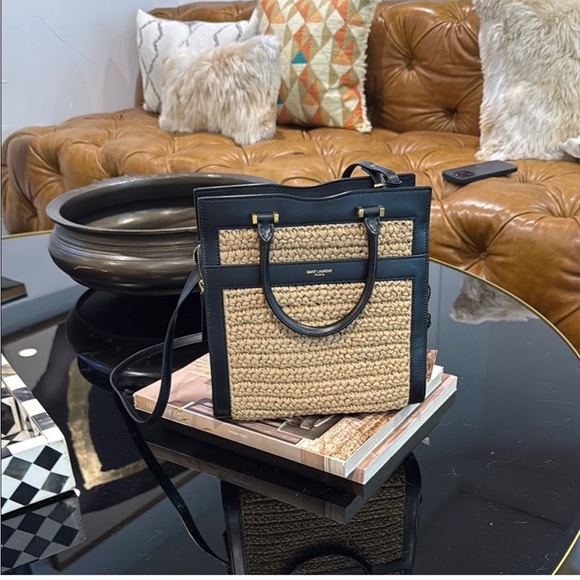 Saint Laurent Handbags - Saint Laurent woven raffia  and black calfskin leather handbag NWOT